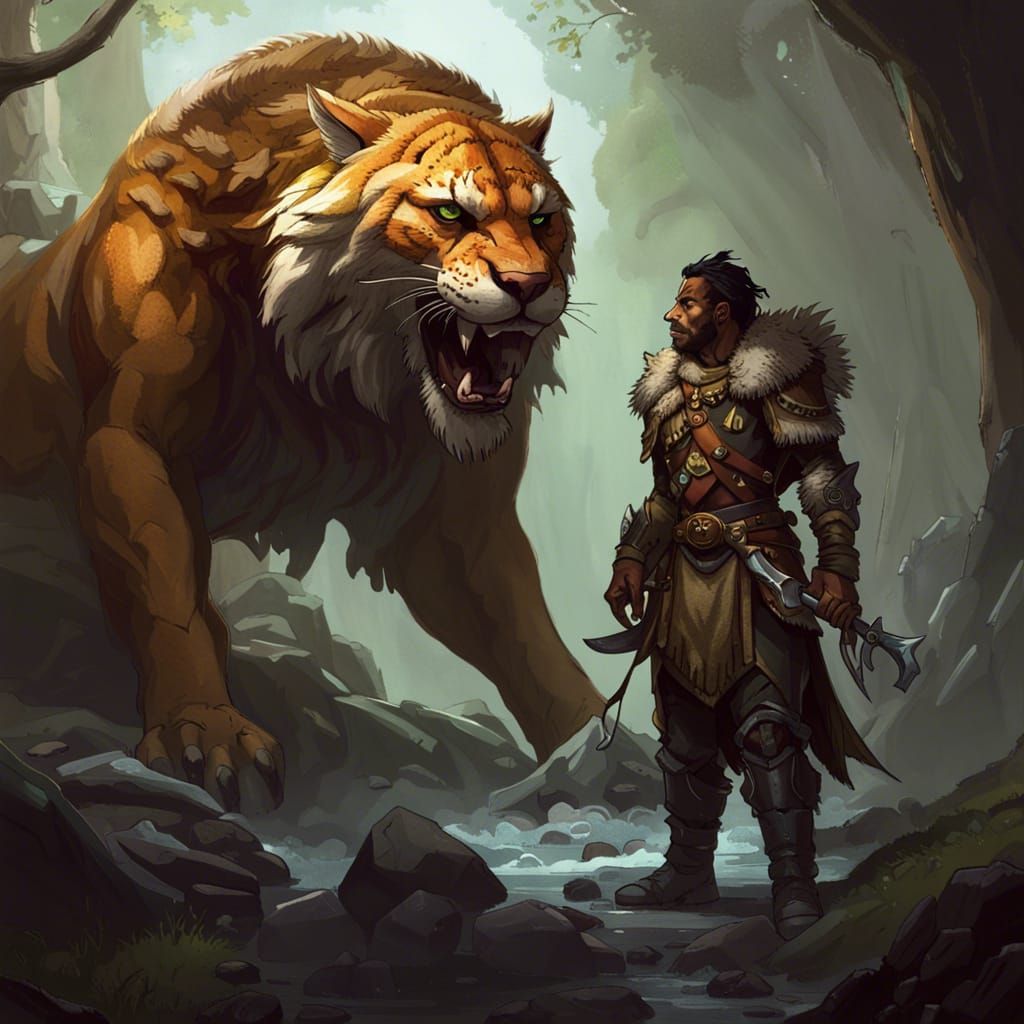 Ranger and Sabertooth Tiger in Dark Fantasy Art
