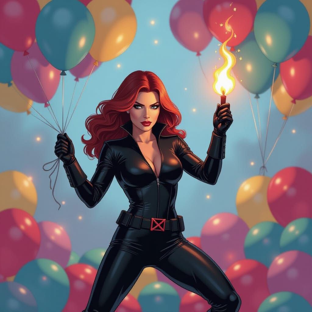 Black Widow's Balloon Burst: A Pop Art Comic