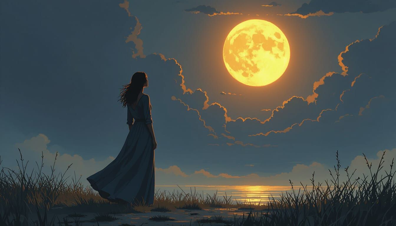 Woman Gazing at Midnight Sun in Digital Painting