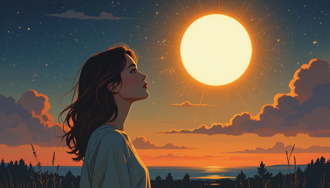 Woman Gazing at Midnight Sun in Mystical Realism