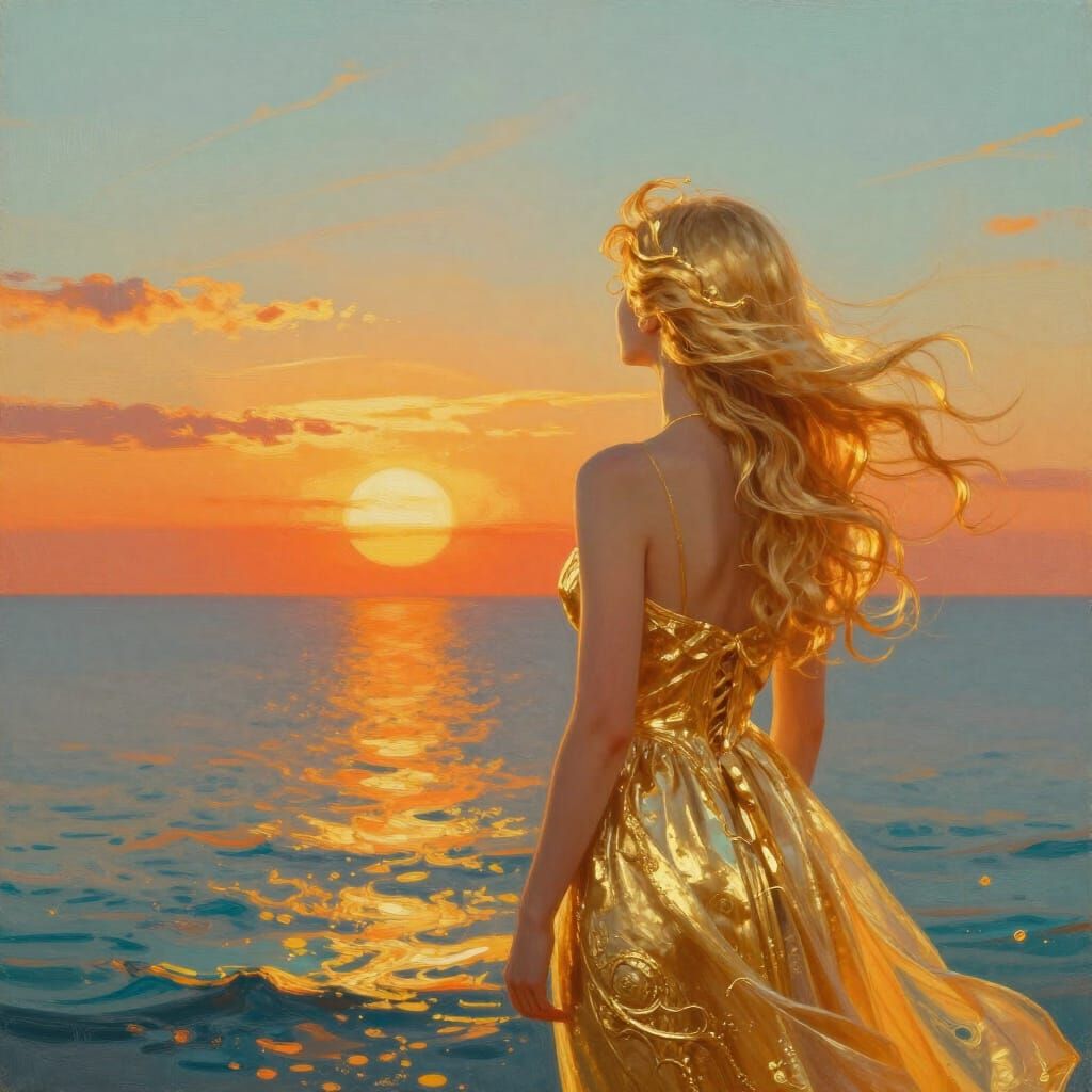 Golden Woman Watches Sunset in Minimalism Style