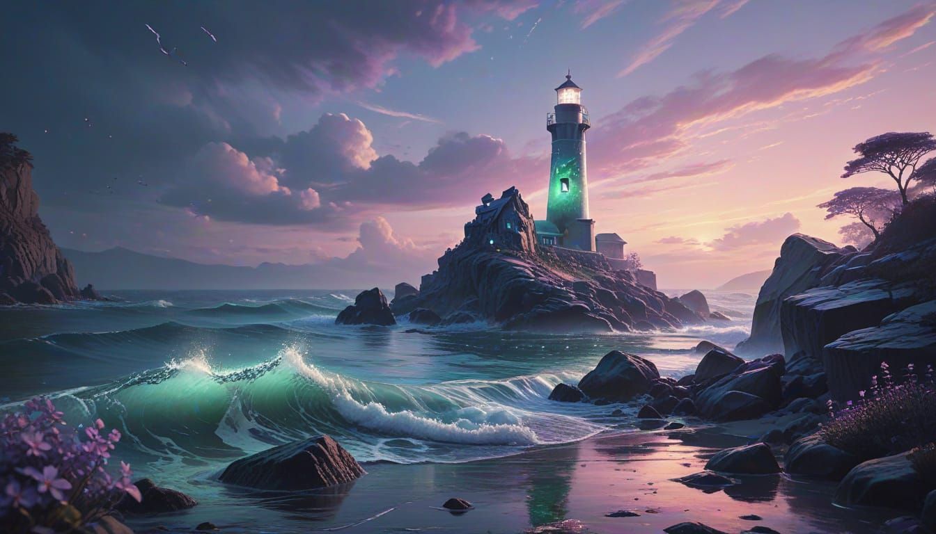 Sea Glass Lighthouse Shines Over Twilight Sea