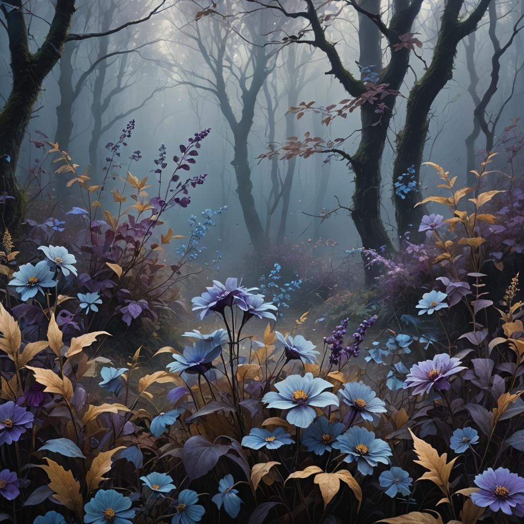 Eerie Autumn Flowers in Misty Forest: Digital Art