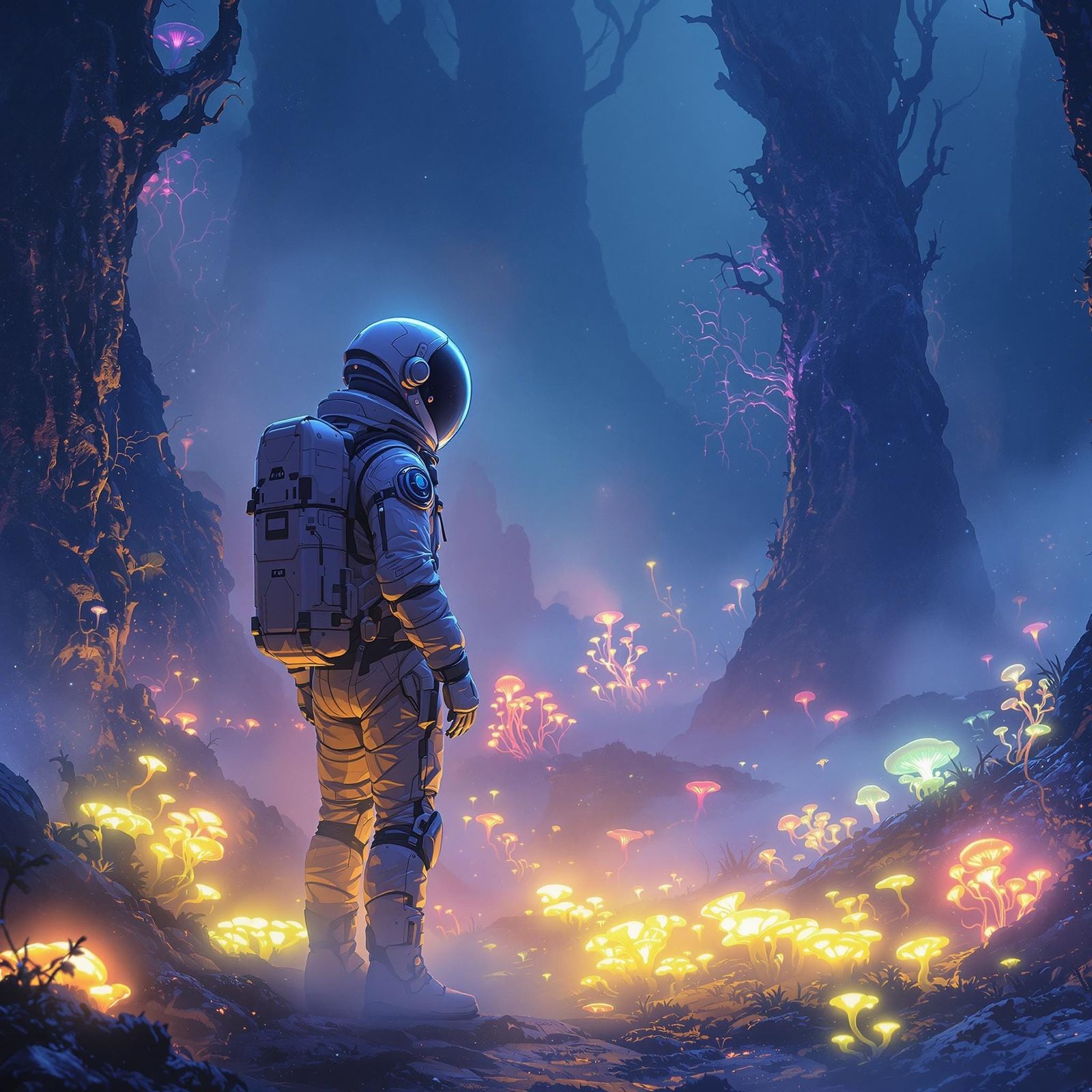 Astronaut in Bioluminescent Alien Forest, Sci-Fi Art