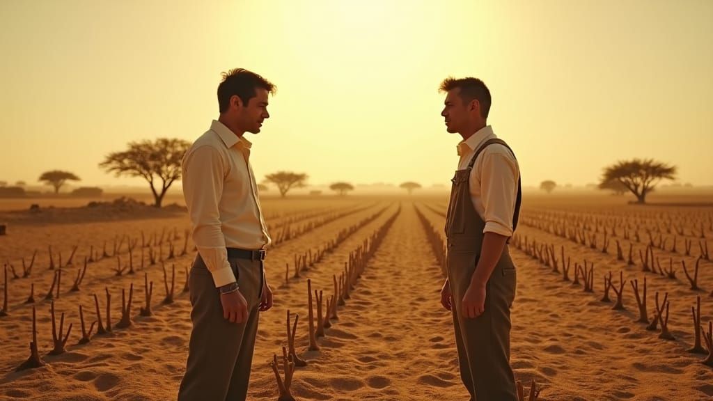 Drought-Stricken Village Rivalry: A Cinematic Film Still