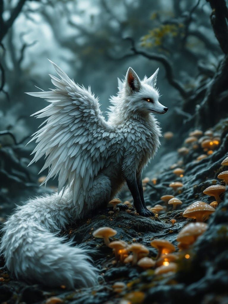 Fox-Swan Hybrid with Swan Wings in Mystical Scene