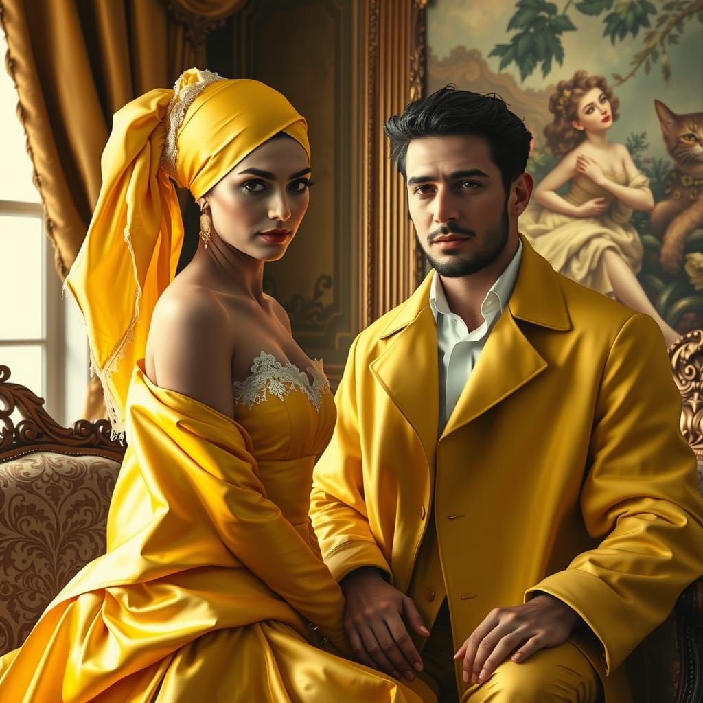 A refined man and his woman exuding 19th-century French eleg...