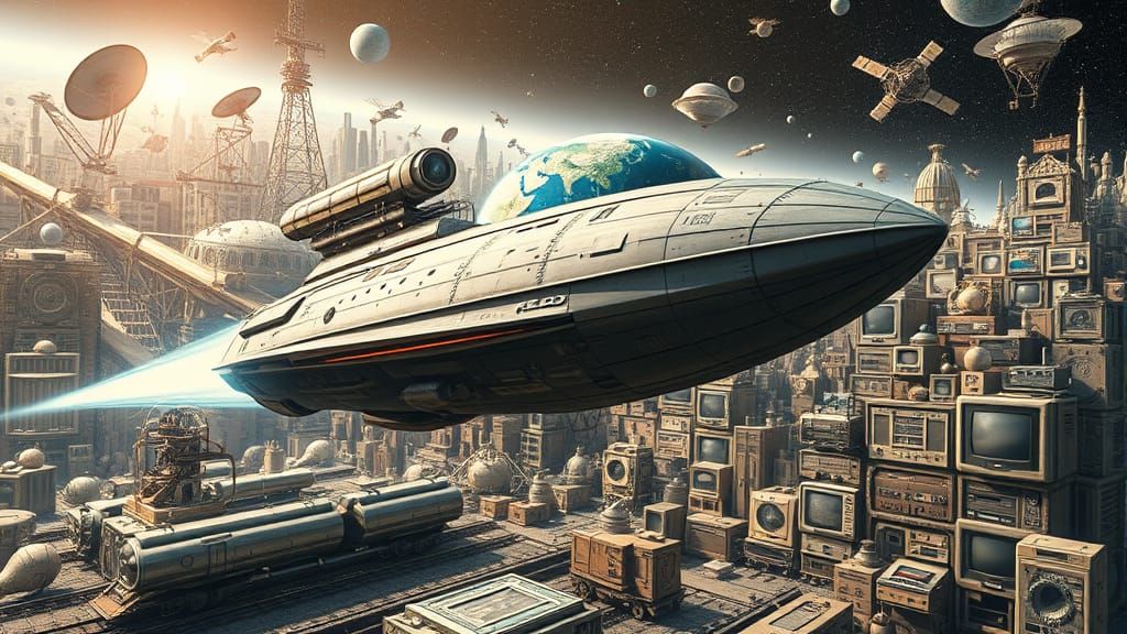 Steampunk Starship Soaring Above Earth