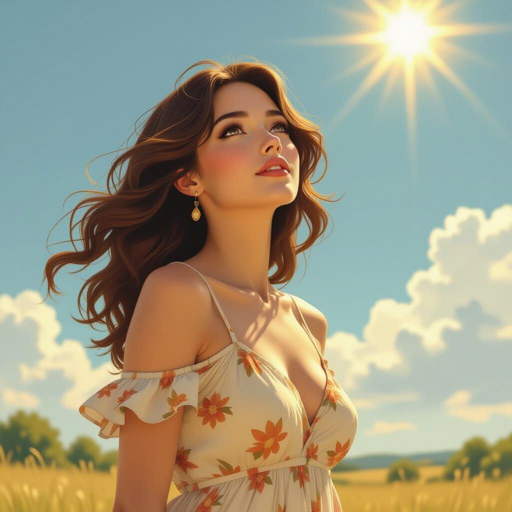 Woman in Sundress: Art Nouveau Summer Day