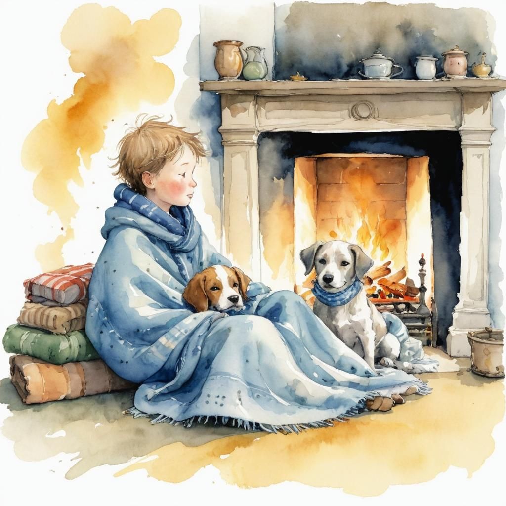 Toddler and Dog by Fireplace, Illustrated Style