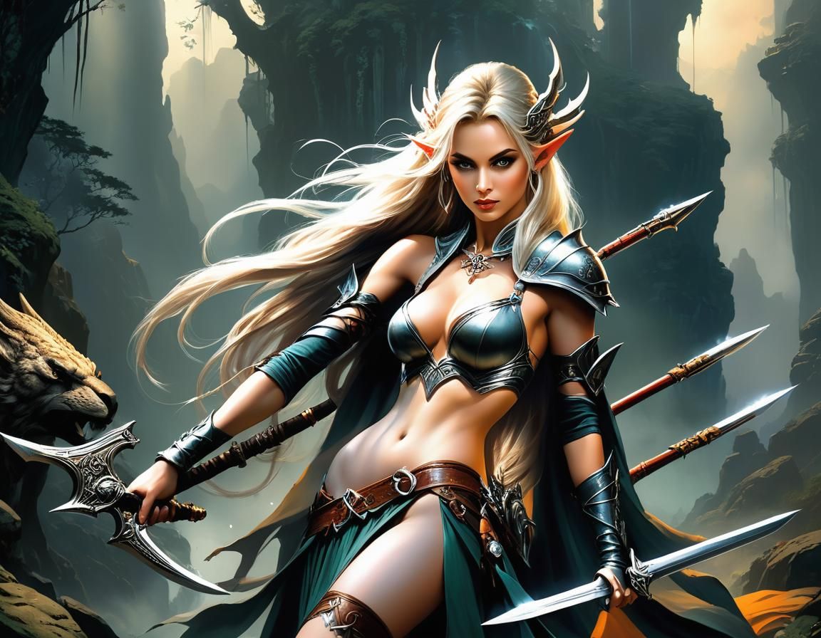 Elven Warrior Woman with Weapons in Comic Book Style