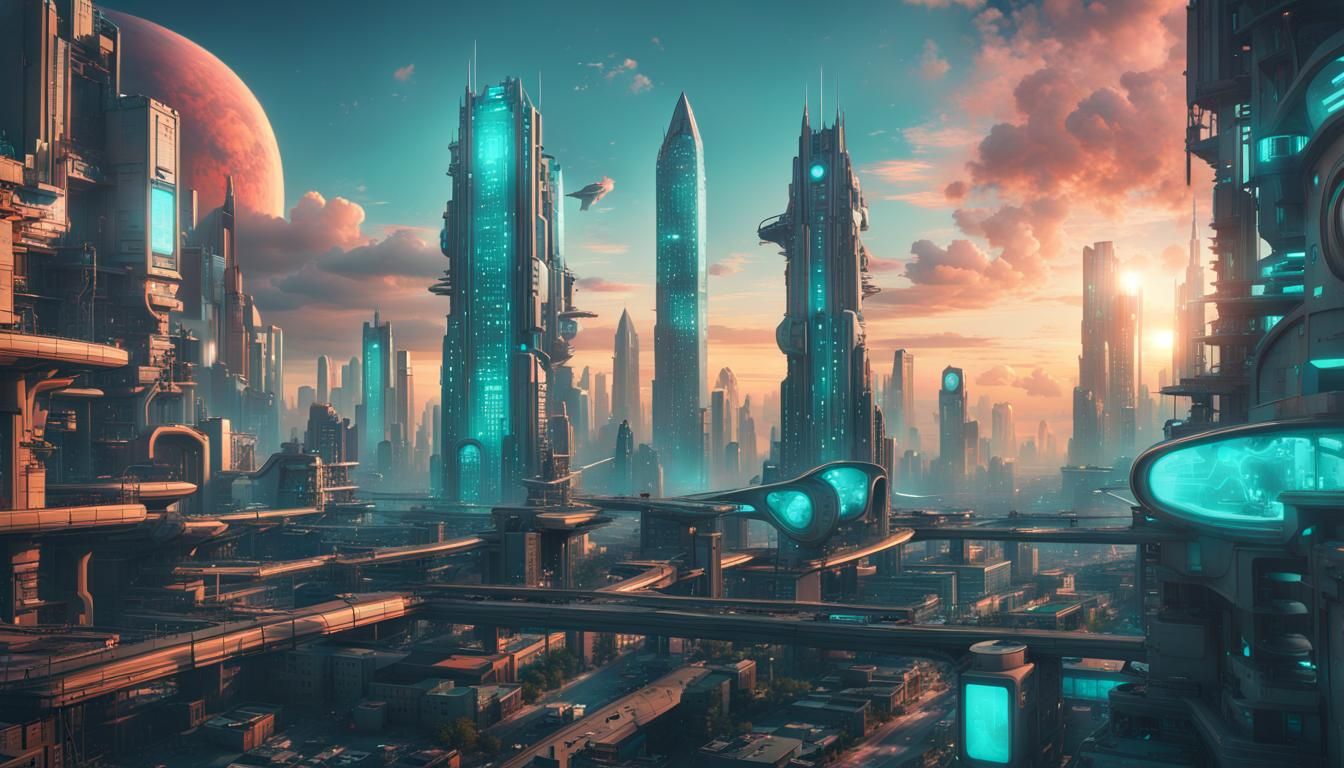 Futuristic City Sunset with Turquoise Clouds in Citypunk Sty...
