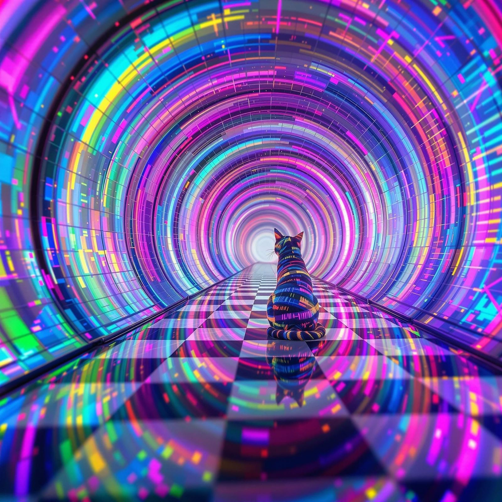 Iridescent Cheshire Cat in Rainbow Checkered Tunnel