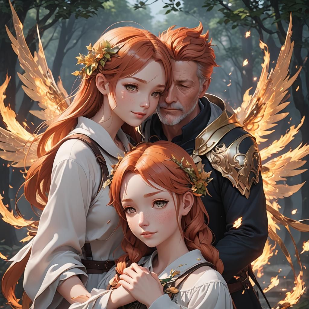 Ginger Fire Fairy Hugs Parents: 3D Anime Art