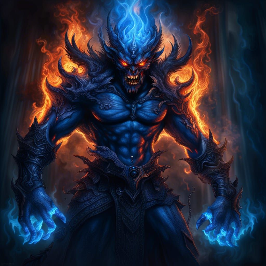Blue Flame Demon with Flaming Weapon