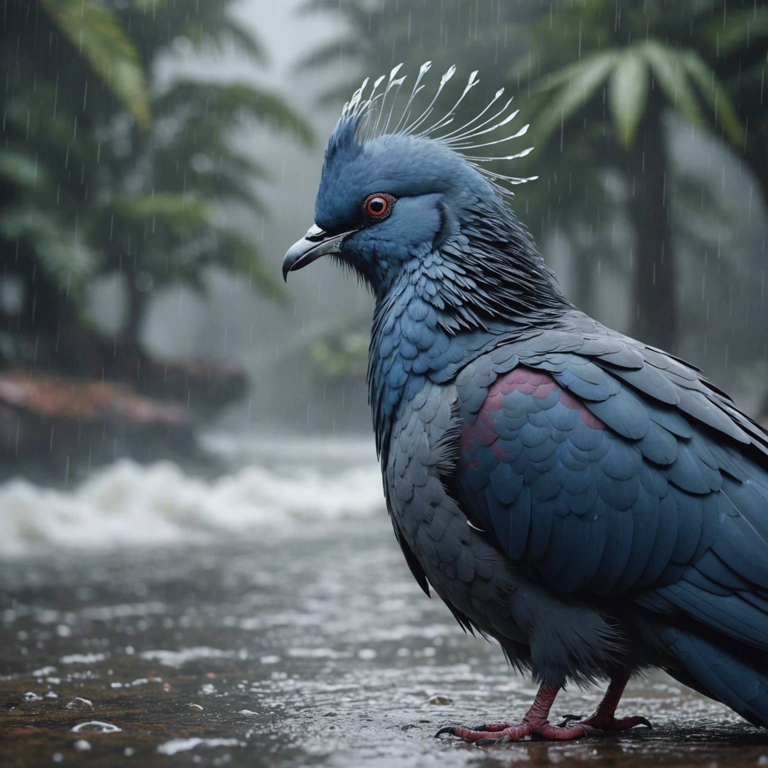 Victoria Crowned Pigeon with Quartz Body in Rain