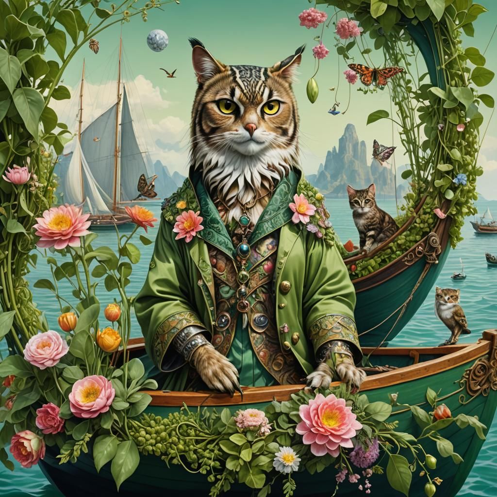 Owl and Cat on Pea-Green Boat in Pop Art Style