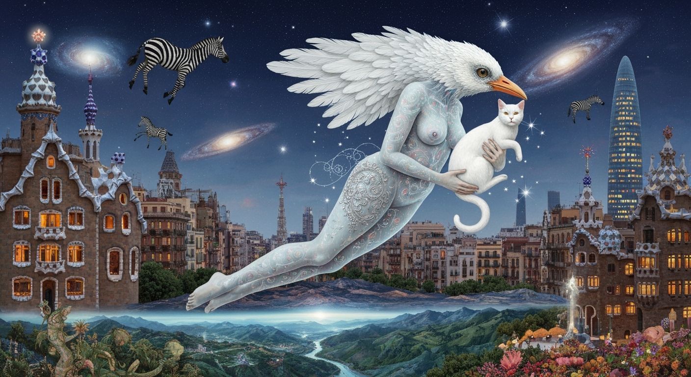 Surreal Gaudí Cityscape with Bioluminescent Figure