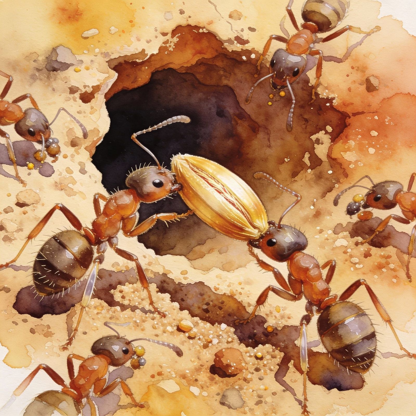 Ants Carry Seed to Nest Entrance in Detailed Watercolor