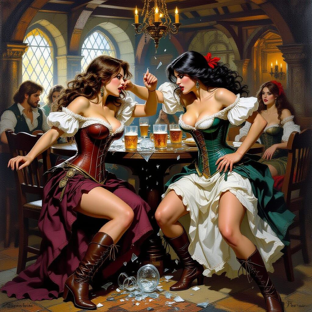 Barmaids Brawl in Lavish Fantasy Oil Painting