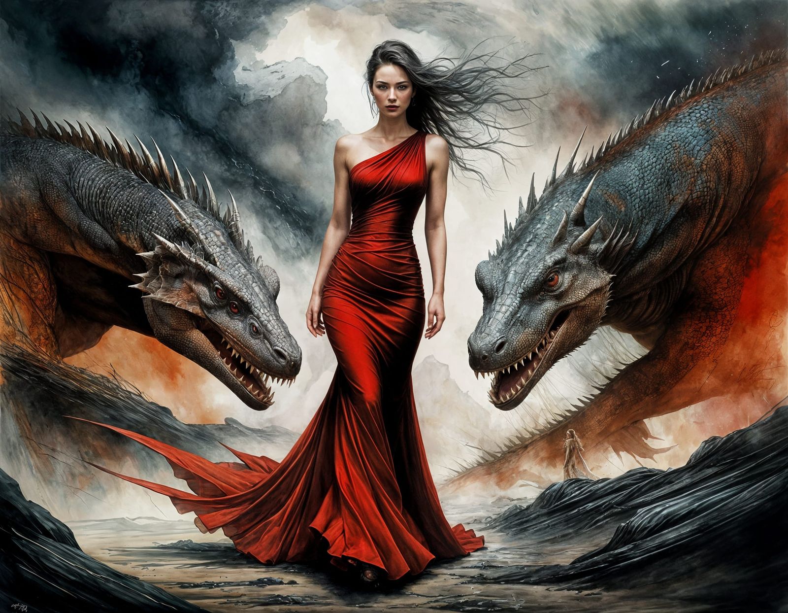 Komodo Dragon Portrait in Ink and Watercolor Style