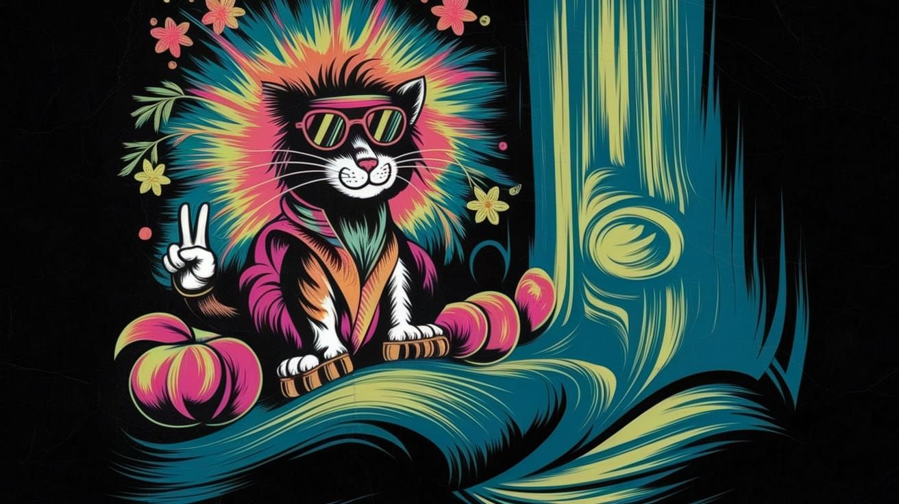 1960s Hippy Cat Art in Day-Glo Colors