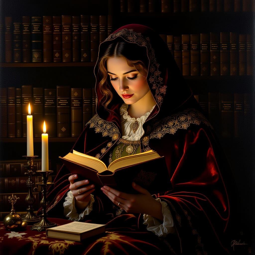 Woman Reading by Candlelight in Magical Realism Style