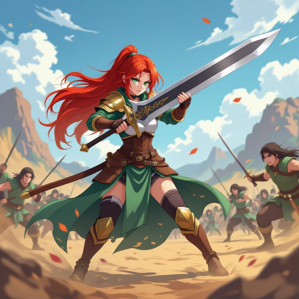 Anime Warrior: Red-Haired Swordswoman on Battlefield
