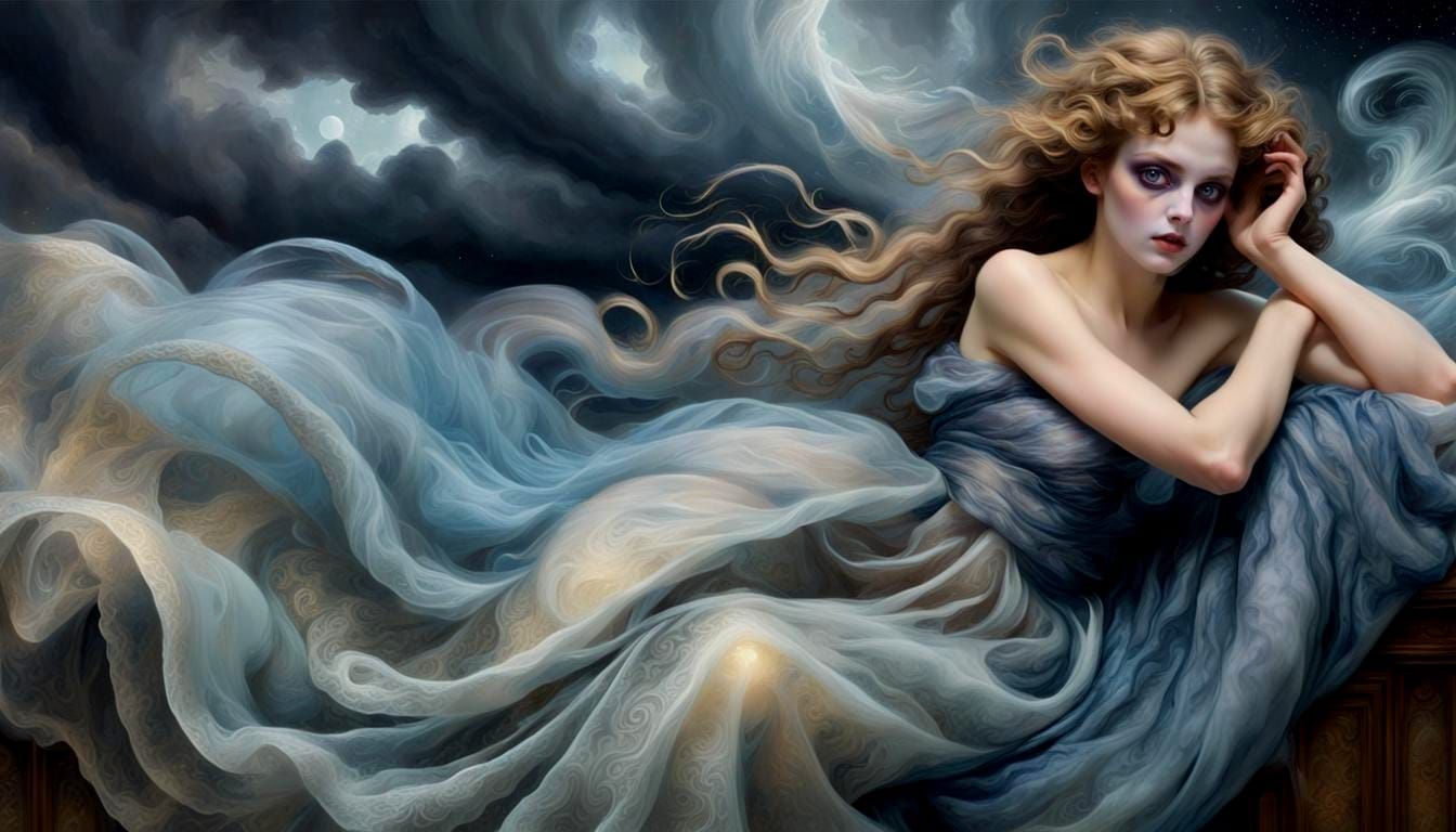 Ethereal Banshee in Starry Storm, Dreamlike Painting