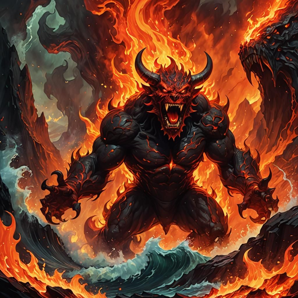 Red Demon Screaming in Hellish Magma: Dark Fantasy Art