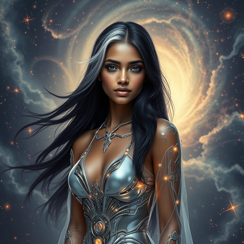 Cosmic Woman in Liquid Silver Gown: Digital Art