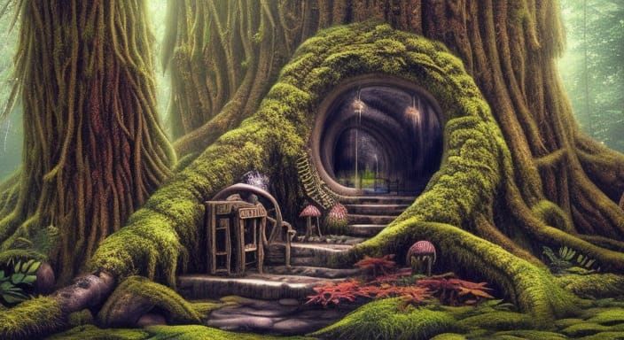 Mystical Tree Hideout in Dark Fantasy Style