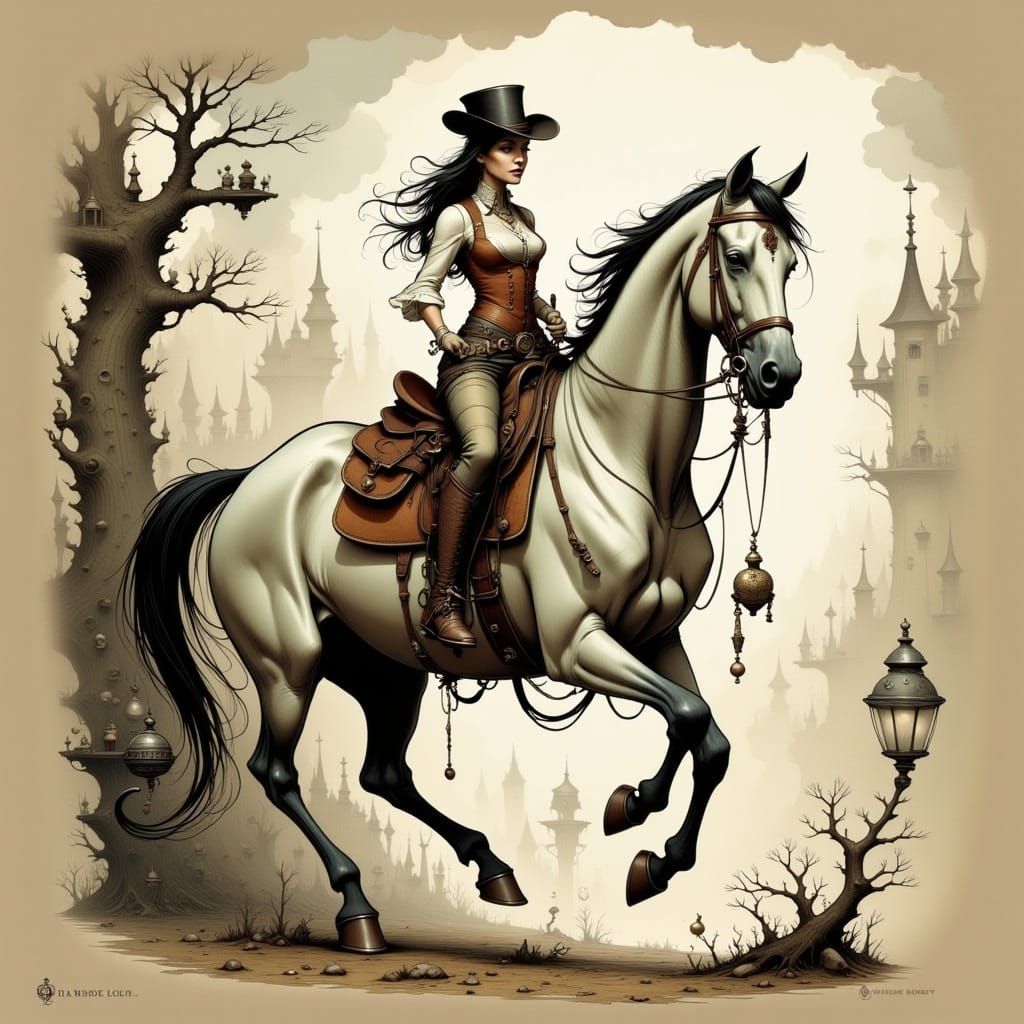 Cowgirl Rides Horse in Surreal Illustration