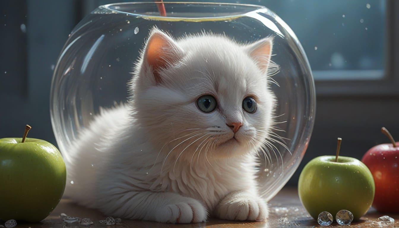 Whimsical Glass Apple Kitten in Hyper-Realistic Detail