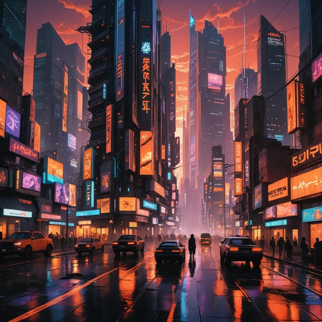Cyberpunk Metropolis at Dusk with Neon Sunset