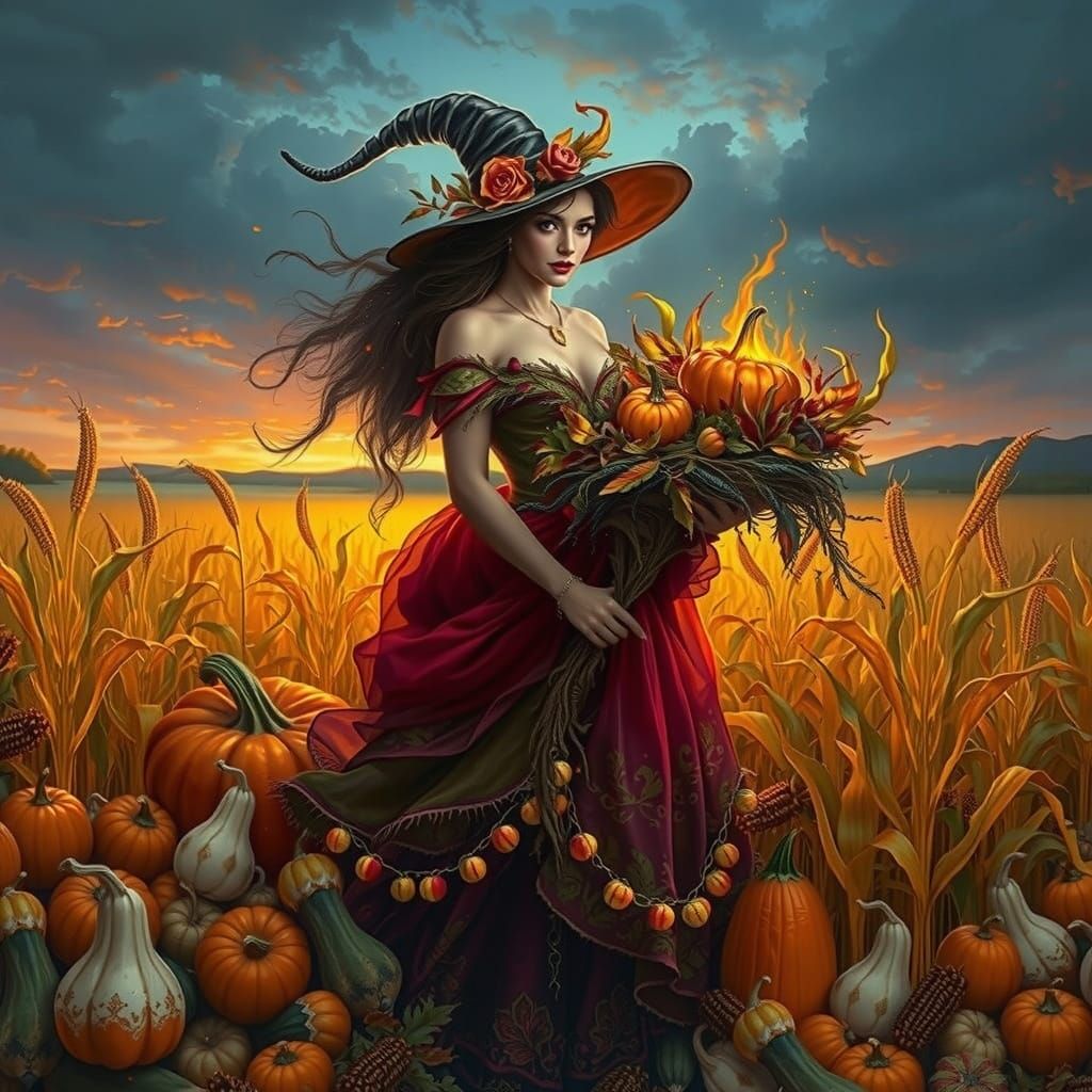 Autumn Harvest Witch Painting in Dark Fantasy Style