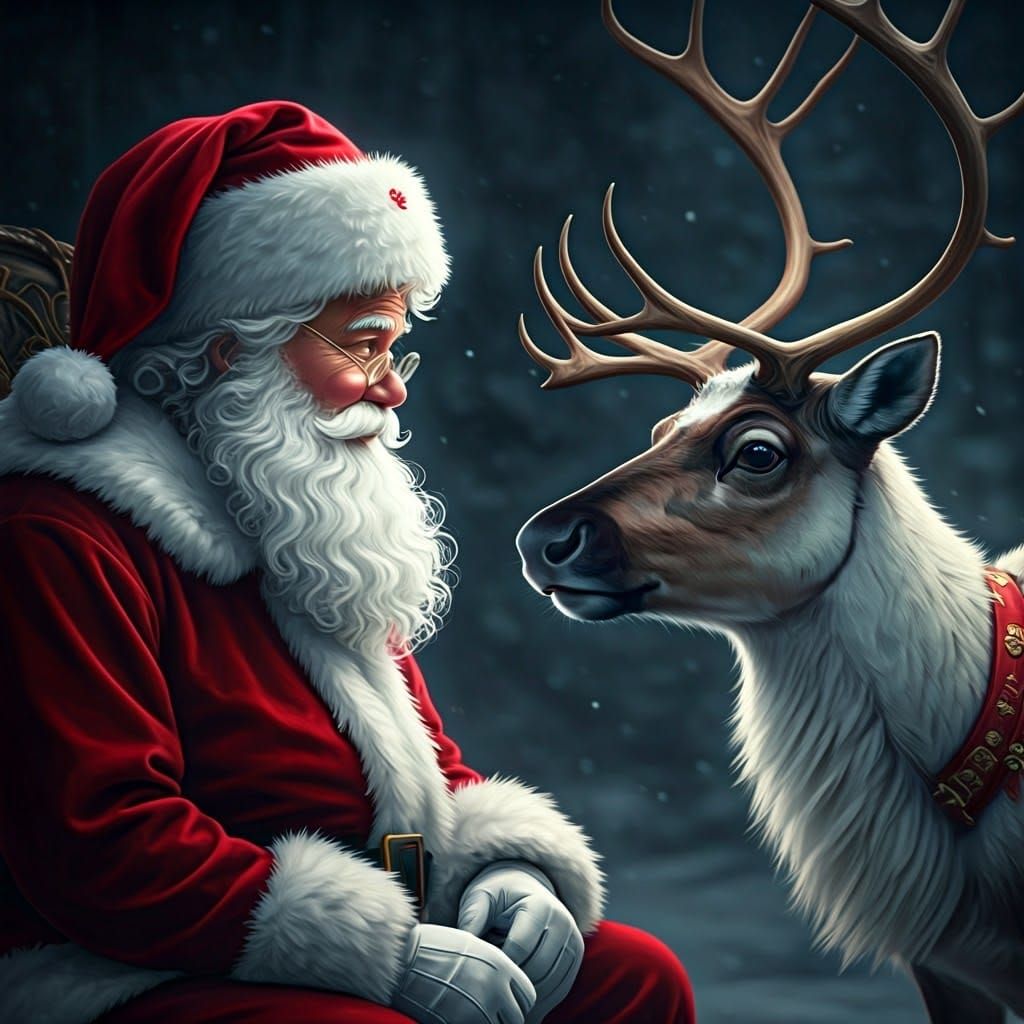 Hyperrealistic Santa Chatting with Reindeer Before Flight