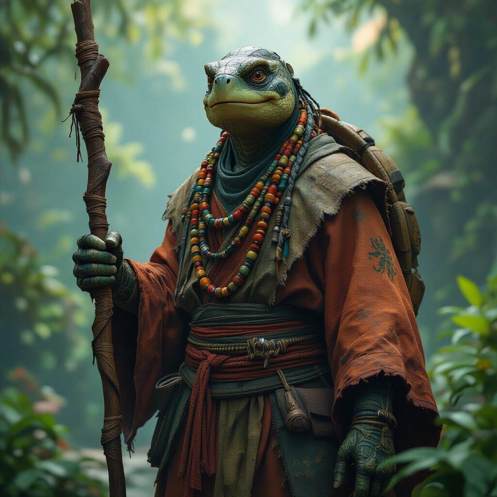 Turtle Monk in Lush Environment as Matte Painting
