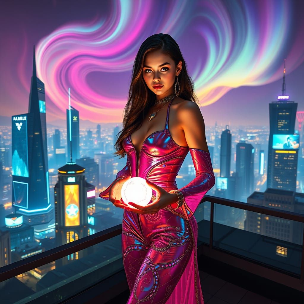 Futuristic Goddess Radiates Magic in Cyberpunk City