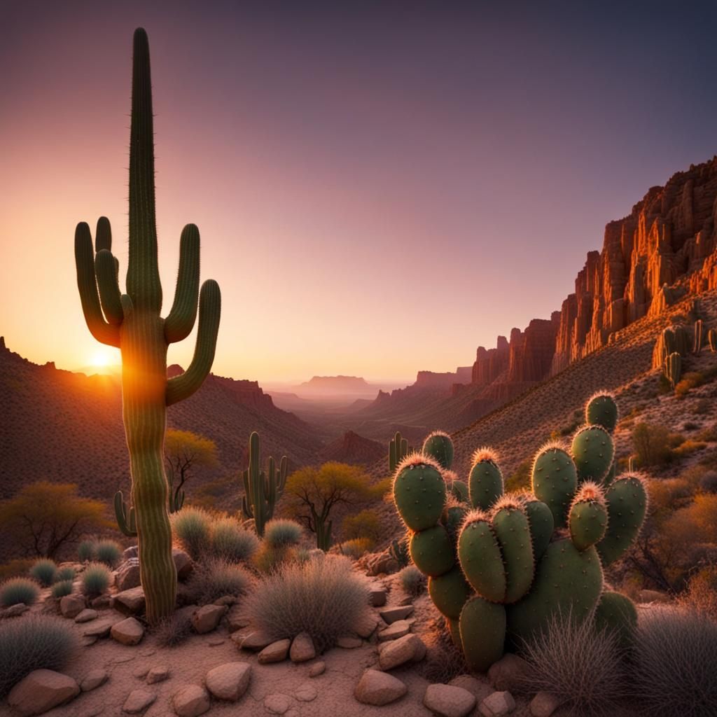 Desert Canyon Sunset Landscape with Cactus