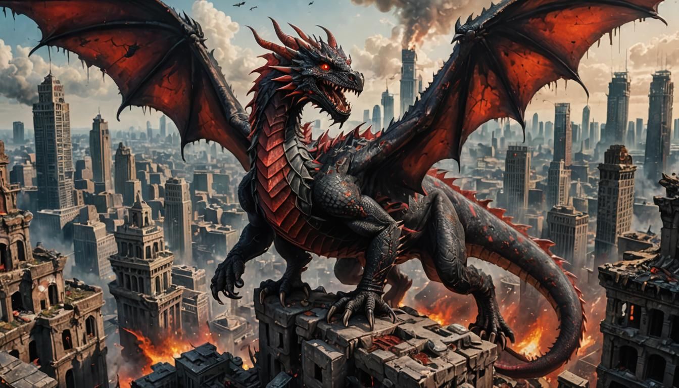 Post-Apocalyptic Dragon Over Devastated City in Acrylic Pain...