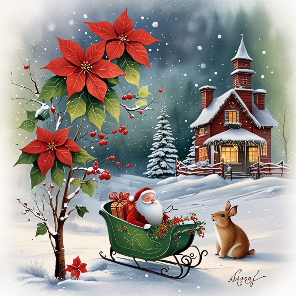 Surreal Winter Wonderland with Santa Claus and Flowers