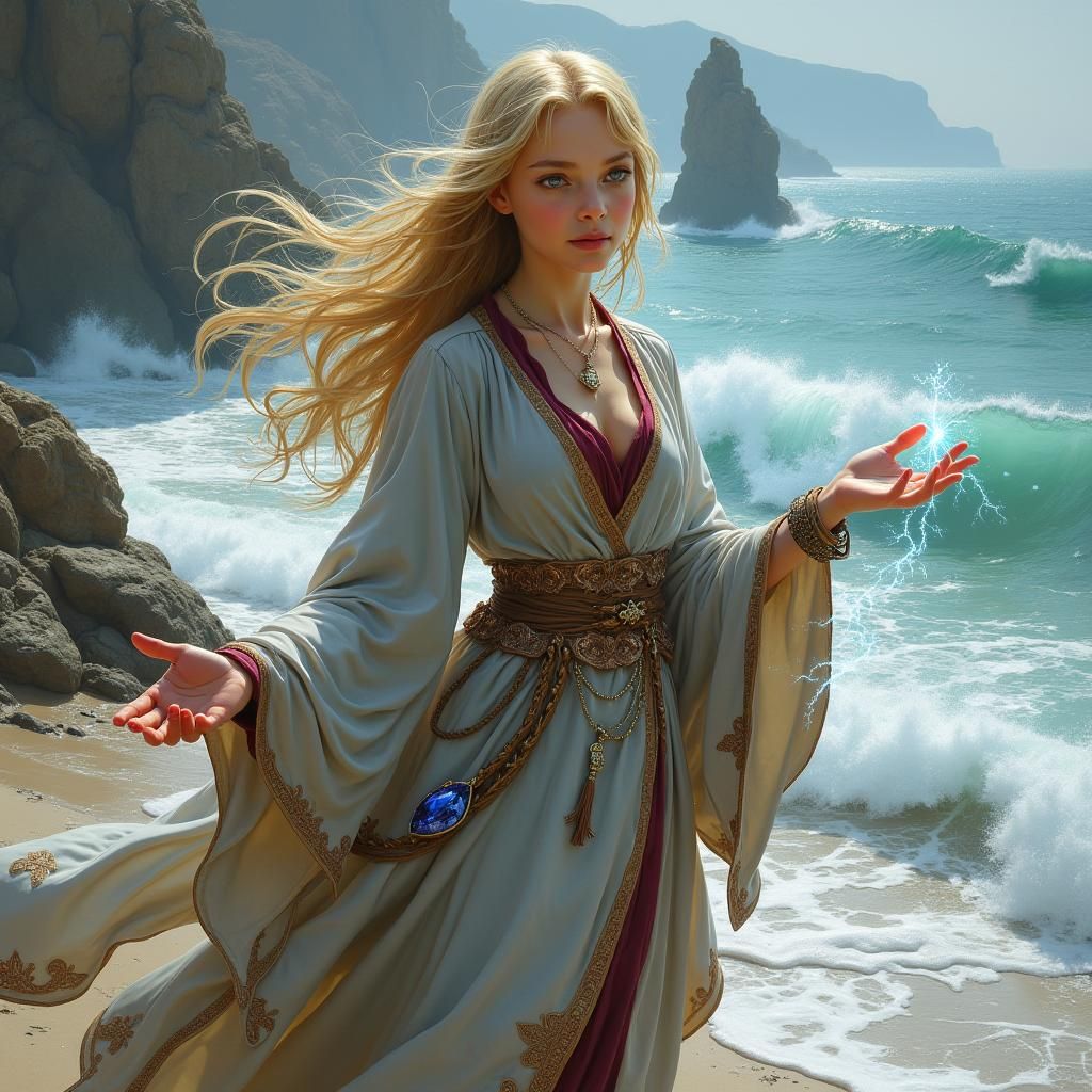 Halfling Sorceress on Windswept Beach, in Dreamy Fantasy Sty...