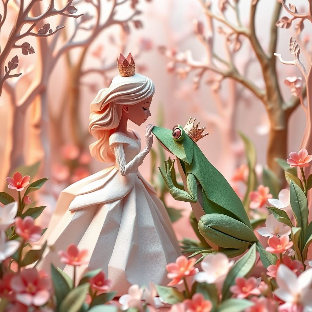 Whimsical Origami Maiden Kisses Paper Prince in Enchanted St...