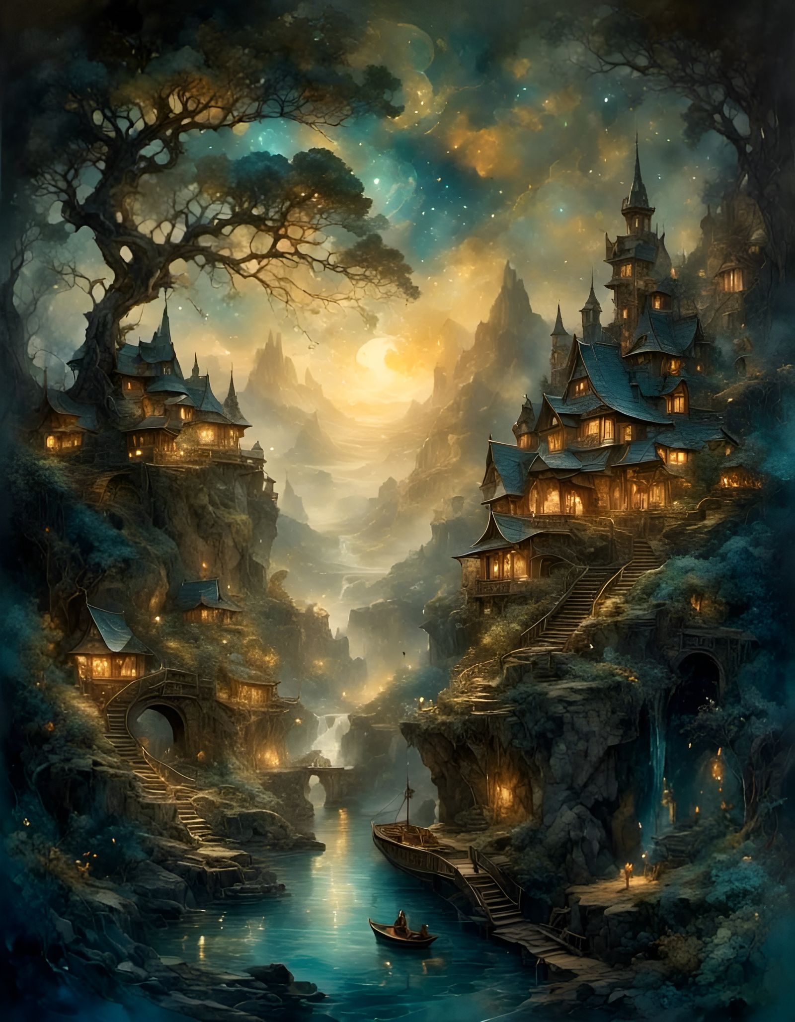 Bioluminescent Elven Kingdom in Watercolor Style