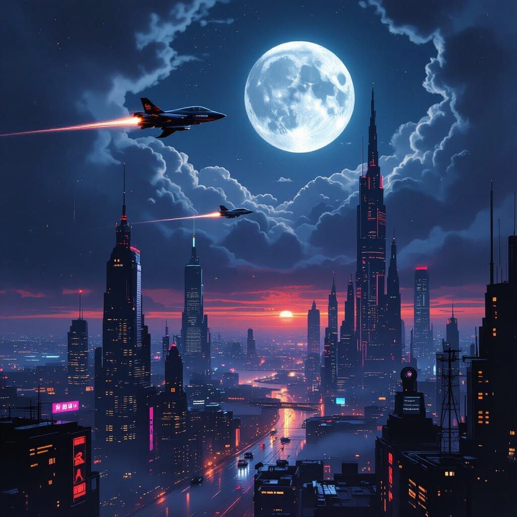 Cyberpunk Cityscape with Moon and Stormy Aircraft