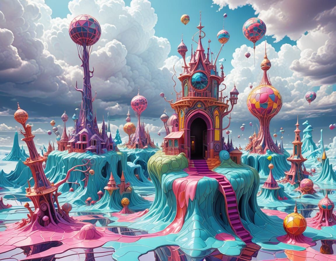 Surreal Dreamlike World in Stained Glass Style