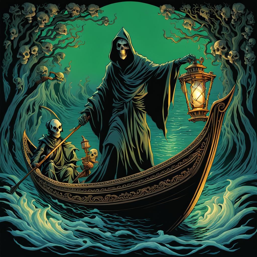Grim Reaper on the River Styx in Beksiński Style