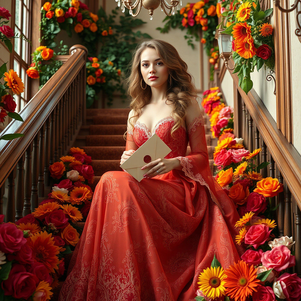 Woman in Gown Reading Letter on Staircase