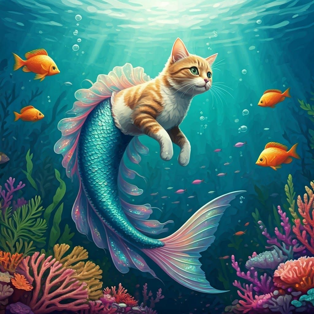 Whimsical Cat in Iridescent Mermaid Tail Swims with Rainbow ...